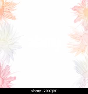 Natürliche Quelle und Sommer Alkohol Tinte Kunst Hintergrund Vorlage. Transparente, abgestufte Blüten auf beiden Seiten. Quadratisches Banner mit Platz für Text Stockfoto