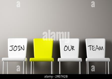 Stellenbesetzung und Beschäftigungskonzept. Stellenausschreibung. Die Worte „Join Our Team“ auf den Bürostühlen. 3D-Rendern. Stockfoto
