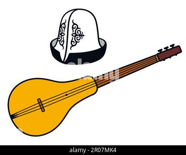 Traditioneller kirgisischer Hut (AK Kalpak) und Musikinstrument (Komuz). Nomadische Volkskultur. Cartoon-Vektor-Clip-Art-Illustration. Stock Vektor