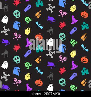 Halloween Symbole Musterdesign von Tieren, Schädel, Knochen und magische Attribute für Web und Aufkleber. Vektor Stock Vektor