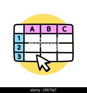 Tabellenkalkulationstabelle, einfaches Zeichentrickzeichnen. Handgezeichnetes Datenblatt und Cursor. Vektor-Clip-Art-Illustration. Stock Vektor