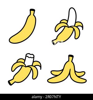 Handgezeichnete Symbole für Bananen-Kritzeleien: Ganze, geschälte, gebissene und leere Schale. Einfache Zeichnung, Vektor-Clip-Art-Illustration. Stock Vektor