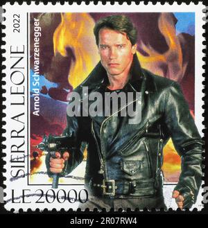 Arnold Schwarzenegger Porträt auf Briefmarke Stockfoto