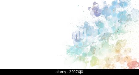 Alkoholtinte Kunst abstrakter Hintergrund für Frühling und Sommer. Seifenblasen in Regenbogenfarbe und goldener Glitzer auf weißem Hintergrund. Horizontale Templa Stockfoto