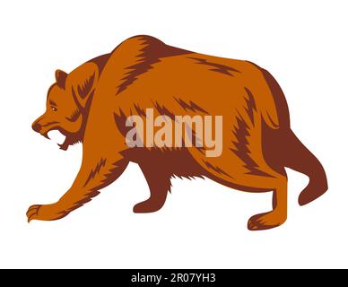 Holzschnitt-Retro-Darstellung eines wütenden Grizzlybären, Ursus arctos horribilis, nordamerikanischen Braunbären oder einfach Grizzly, der kurz davor ist, anzugreifen. Stockfoto