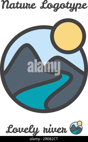 Vektor Icon, Logo des Sonnenuntergangs im Dorf, der Sonne und der Fluss zwischen den Bergen Stock Vektor