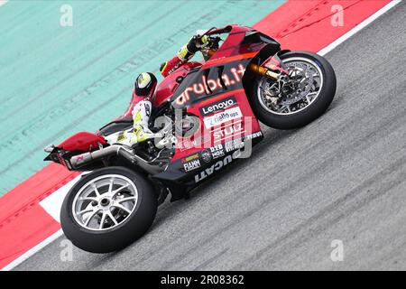 Alvaro Bautista (ESP) Ducati Panigale V4R Aruba.IT Racing - Ducati während der SBK FIM Superbike World Championship während des Rennens 2 auf dem Circuit de Barcelona-Catalunya am 7. Mai 2023 in Barcelona, Spanien. (Foto: Bagu Blanco / PRESSIN) Stockfoto