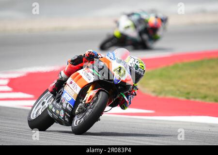 Axel Bassani (ITA) Ducati Panigale V4R Motocorsa Racing während der SBK FIM Superbike World Championship während des Rennens 2 auf dem Circuit de Barcelona-Catalunya am 7. Mai 2023 in Barcelona, Spanien. (Foto: Bagu Blanco / PRESSIN) Stockfoto