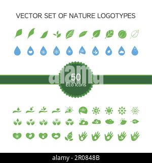 Vektor-Satz von 50 Ökologie Icons, Natur-Logo, Biologie-Symbole aus Blättern, Hand, Sonne, Schnee, Tropfen Stock Vektor
