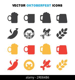 Oktoberfest-Ikonen inmitten Silhouetten. Bier-Festival. Vektor Stock Vektor