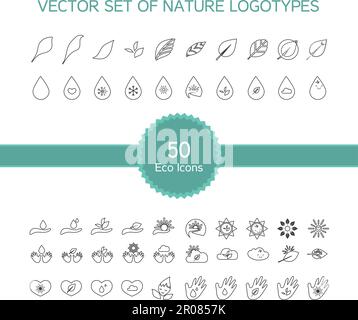 Vektor-Satz von 50 Ökologie Icons, Natur-Logo, Biologie-Symbole aus Blättern, Hand, Sonne, Schnee, Tropfen Stock Vektor