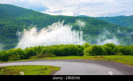 Die Straße schlängelt sich durch die neblige Landschaft und enthüllt eine atemberaubende Landschaft mit grünen Hügeln und nebligen Bergen. Das sanfte Licht des Morgens leuchtet auf Stockfoto