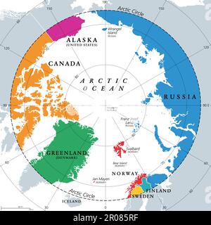 Länder innerhalb des Polarkreises, politische Karte. Länder innerhalb von etwa 66 Grad nördlich des Äquators und des Nordpols. Stockfoto