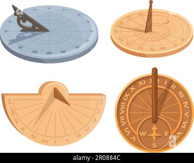 Sonnenuhr. Alte Sonnenuhr, Sonnenuhr mit lateinamerikanischen römischen Nummern für Countdown-Zeit auf Sonnenschatten, Astronomieuhren, Zeitschaltuhr pur Vektordarstellung antiker Uhr, alte Sonnenuhr Stock Vektor