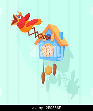 Kuckucksuhr. Comic witziger twitter-Chirp-Vogel von antiker Holzuhr, Retro-Zeiterinnerung oder Piepen Wecker mit Countdown für Musikglocke, Vektordarstellung von Kuckuck-lustigem Interieur Stock Vektor