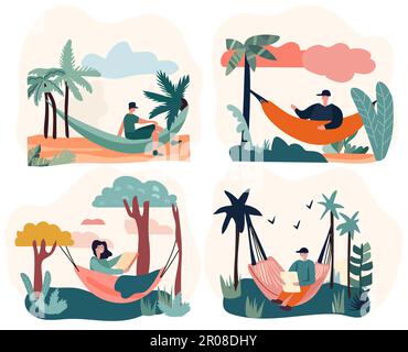 Personen, die sich während eines Sommerurlaubs in Hängematten entspannen und ausruhen. Freizeitaktivitäten wie Lesen oder Arbeiten in gemütlichen Schaukeln, umgeben von Naturschönheiten. Stock Vektor