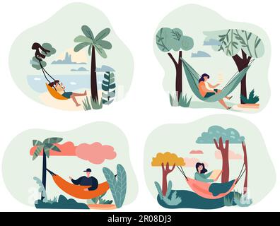 Personen, die sich während eines Sommerurlaubs in Hängematten entspannen und ausruhen. Freizeitaktivitäten wie Lesen oder Arbeiten in gemütlichen Schaukeln, umgeben von Naturschönheiten. Stock Vektor