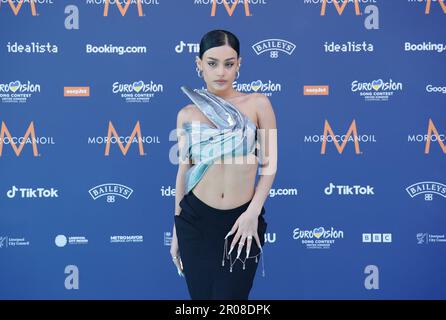 ICH ÜBERMITTLE MIT DEM RICHTIGEN NAMEN Brünette aus Armenien, die an der großen Eurovision-Willkommensparty der National Lottery in der St. George's Hall in Liverpool teilnimmt. Foto: Sonntag, 7. Mai 2023. Stockfoto