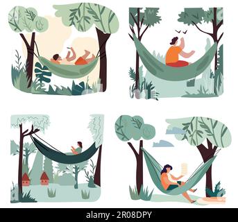 Personen, die sich während eines Sommerurlaubs in Hängematten entspannen und ausruhen. Freizeitaktivitäten wie Lesen oder Arbeiten in gemütlichen Schaukeln, umgeben von Naturschönheiten. Stock Vektor
