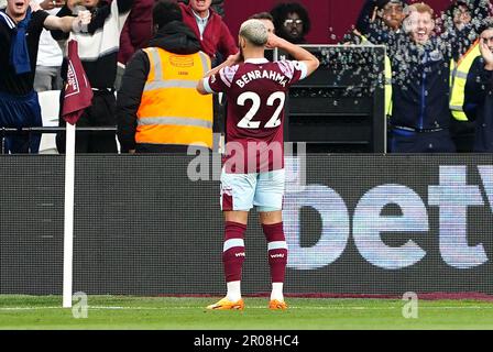 West Ham United's Said Benrahma feiert das erste Tor seiner Seite während des Premier League-Spiels im London Stadium. Foto: Sonntag, 7. Mai 2023. Stockfoto