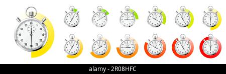 Realistische klassische Stoppuhr. Glänzendes Metall-Chronometer, Zeitzähler mit Skala. Farbenfroher Countdown-Timer, der Minuten und Sekunden anzeigt. Zeitmessung Stock Vektor