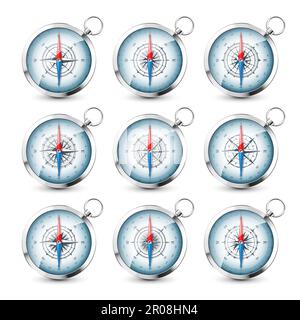 Klassischer Kompass, mariner Wind Rose mit Kardinalrichtungen von Norden, Osten, Süden, Westen. Realistischer silberner Navigationskompass, glänzendes Metall Stock Vektor