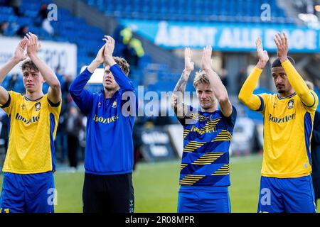 Randers, Dänemark. 07. Mai 2023. Die Spieler von Broendby IF feiern im Cepheus Park in Randers den Sieg nach dem 3F. Superliga-Spiel zwischen Randers FC und Broendby IF. (Foto: Gonzales Photo/Alamy Live News Stockfoto