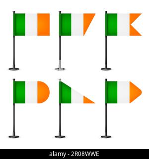 Realistische irische Tischfahnen auf einer schwarzen Stahlstange. Ein Souvenir aus Irland. Schreibtischfahne aus Papier oder Stoff, glänzender Metallständer. Modell für Stock Vektor