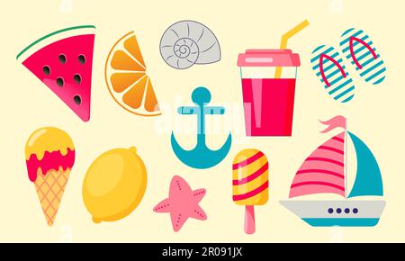 Set aus Sommersymbolen, Speisen, Getränken, Obst und Boot. Vektordarstellung Stock Vektor