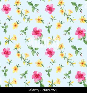 Nahtloses Aquarellmuster mit exotischen tropischen Blumen. Hibiskus, Alamanda, gelbe Glocke. Botanische Darstellung isoliert auf blauem Hintergrund. Kann sein Stockfoto