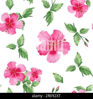 Nahtloses Aquarellmuster mit exotischen tropischen Blumen, Hibiskus. Botanische Darstellung isoliert auf weißem Hintergrund. Kann für Stoffdrucke verwendet werden Stockfoto