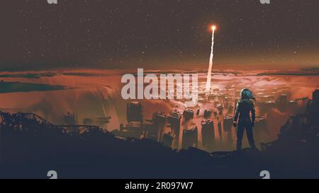 Eine Frau, die auf einem Hügel steht und die rote Fackel in der Stadt darunter sieht, digitale Kunst, Illustrationsmalerei Stockfoto