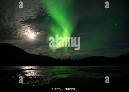 Nordlichter über dem Nahanni River, Northwest Territories, Kanada. Aurora borealis reflektiert das fließende Wasser bei Vollmond. Stockfoto