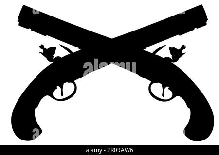 Der Wilde Westen überquerte das Waffenemblem. Gekreuzte Maulladerschlosspistole, schwarze Silhouette. Stockfoto