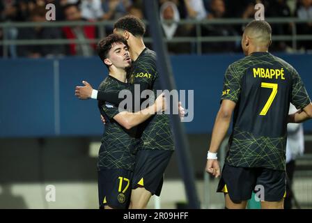 Troyes, Frankreich. 07. Mai 2023. Vitinha von PSG feiert sein Tor während des Fußballspiels der französischen Meisterschaft Ligue 1 zwischen Estac Troyes und Paris Saint-Germain am 7. Mai 2023 im l'Aube-Stadion in Troyes, Frankreich - Foto Jean Catuffe/DPPI Credit: DPPI Media/Alamy Live News Stockfoto