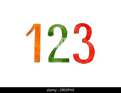 Aquarelle Abbildungen von mehrfarbigen Zahlen 123, Schriftart, Buchstaben auf weißem Hintergrund. Zurück in die Schule. Für Poster, Druck, Postkarten, de Stockfoto