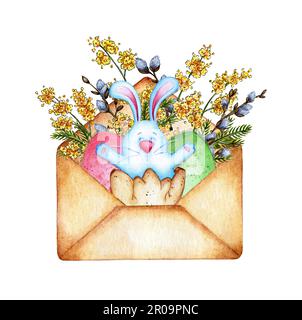 Aquarelle Darstellung eines Umschlags mit Ostereiern, Weide und Mimosa und einem Kaninchen. Design für Grußkarte, Banner, Flyer, Cover, Poster und Stockfoto
