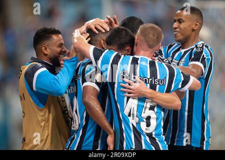 Porto Alegre, Brasilien. 07. Mai 2023. Die Spieler der Arena Do Gremio Gremio feiern Everton Galdinos Tor während des Spiels zwischen Gremio und Red Bull Bragantino für die 4. Runde der brasilianischen Meisterschaft 2023 in der Gremio Arena, diesen Sonntag, den 07. 30761 $ (Richard Ducker/SPP) Guthaben: SPP Sport Press Photo. Alamy Live News Stockfoto