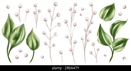 Ein Set grüner Rosenblätter und getrockneter dekorativer Blumen in Aquarellfarben. Digitale Abbildung auf weißem Hintergrund. Für Einladungen, Datumsspeicherung, Stockfoto