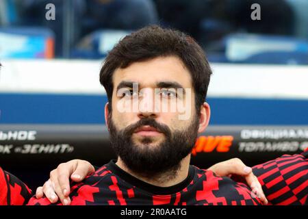 Sankt Petersburg, Russland. 07. Mai 2023. Georgiy Dzhikiya (Nr. 14) von Spartak in Aktion während des Fußballspiels der russischen Premier League zwischen Zenit St. Petersburg und Spartak Moskau in der Gazprom Arena. Zenit 3:2 Spartak. (Foto: Maksim Konstantinov/SOPA Images/Sipa USA) Guthaben: SIPA USA/Alamy Live News Stockfoto