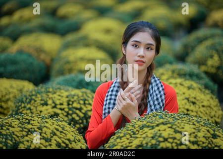 8. Januar 2023: Porträt eines wunderschönen vietnamesischen Mädchens im Himbeer-Chrysanthemen-Garten in Sa DEC Stockfoto