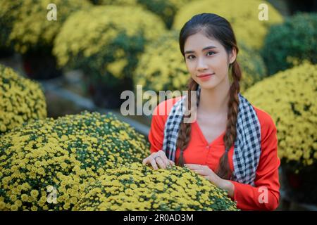 8. Januar 2023: Porträt eines wunderschönen vietnamesischen Mädchens im Himbeer-Chrysanthemen-Garten in Sa DEC Stockfoto