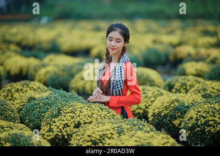 8. Januar 2023: Porträt eines wunderschönen vietnamesischen Mädchens im Himbeer-Chrysanthemen-Garten in Sa DEC Stockfoto