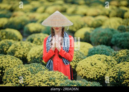 8. Januar 2023: Porträt eines wunderschönen vietnamesischen Mädchens im Himbeer-Chrysanthemen-Garten in Sa DEC Stockfoto