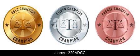 Law Gesetzgebung skaliert Symbol Gold Silber Bronze Medaille Legal Balance Wettbewerb Championship Preis Bester Gewinner Wettbewerb Auszeichnung Stock Vektor