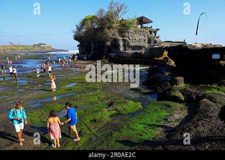 Tabanan, Bali, Indonesien - 3. September 2019: Berühmter Tanah Lot Tempel mit Besuchern - einer von sieben Meerestempeln an der balinesischen Küste Stockfoto