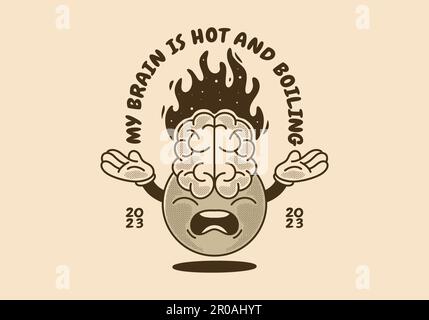 Klassischer Kugelkopf mit Maskottchen-Design, großem Gehirn und Feuerflammen Stock Vektor