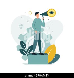 Vektordarstellung eines Mannes, der auf den Stufen steht und durch ein Teleskop schaut, das er in seinen Händen hält, vor dem Hintergrund eines Zahnrads, geht Stock Vektor