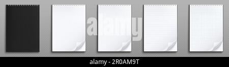 Realistische Notebook-Modelle, isoliert auf transparentem Hintergrund. Vektordarstellung leerer Tagebuchseiten mit gefalteten Ecken. Draufsicht auf weiße Blätter mit Linien-, Kästchen- und Punktlinierung auf spiralförmigem Bindemittel Stock Vektor