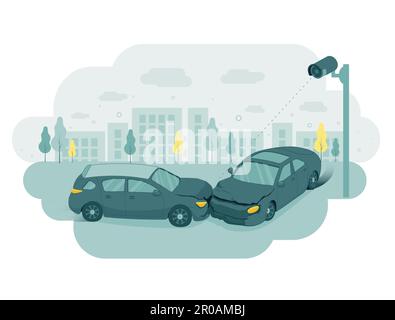 Videoüberwachung auf der Straße. Die Überwachungskamera hat den Unfall aufgezeichnet. Die beiden Autos kollidierten. CCTV-Vektor. Stock Vektor